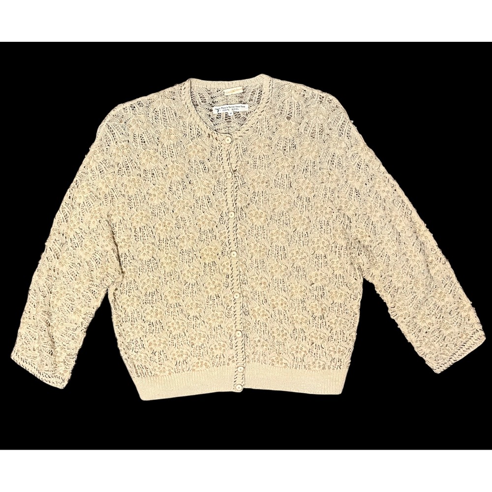 Vintage 50s Saks Fifth Avenue Beaded Wool Cardigan Sweater Cream Ivory Knit Sz M